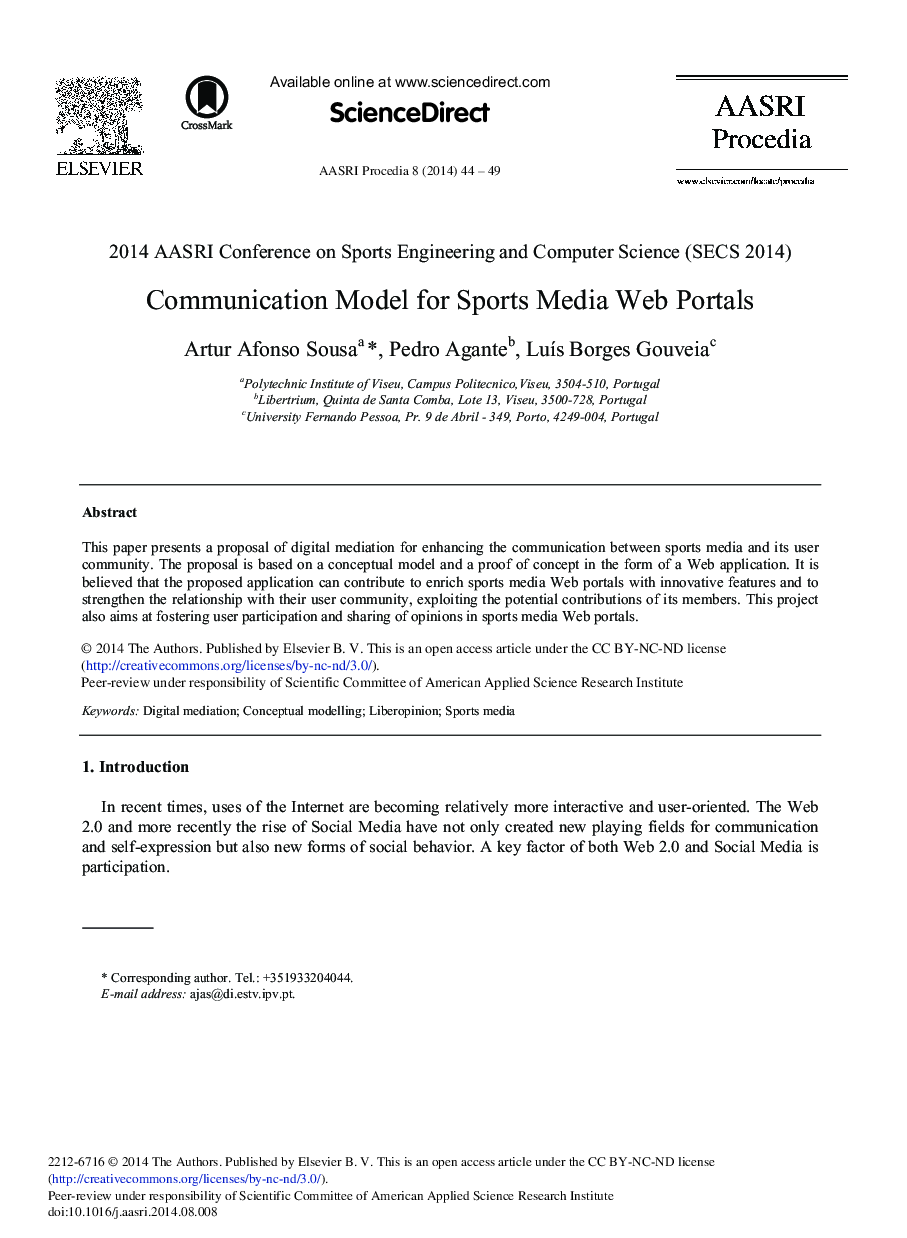 عکس صفحه اول مقاله: Communication Model for Sports Media Web Portals Communication Model for Sports Media Web Portals