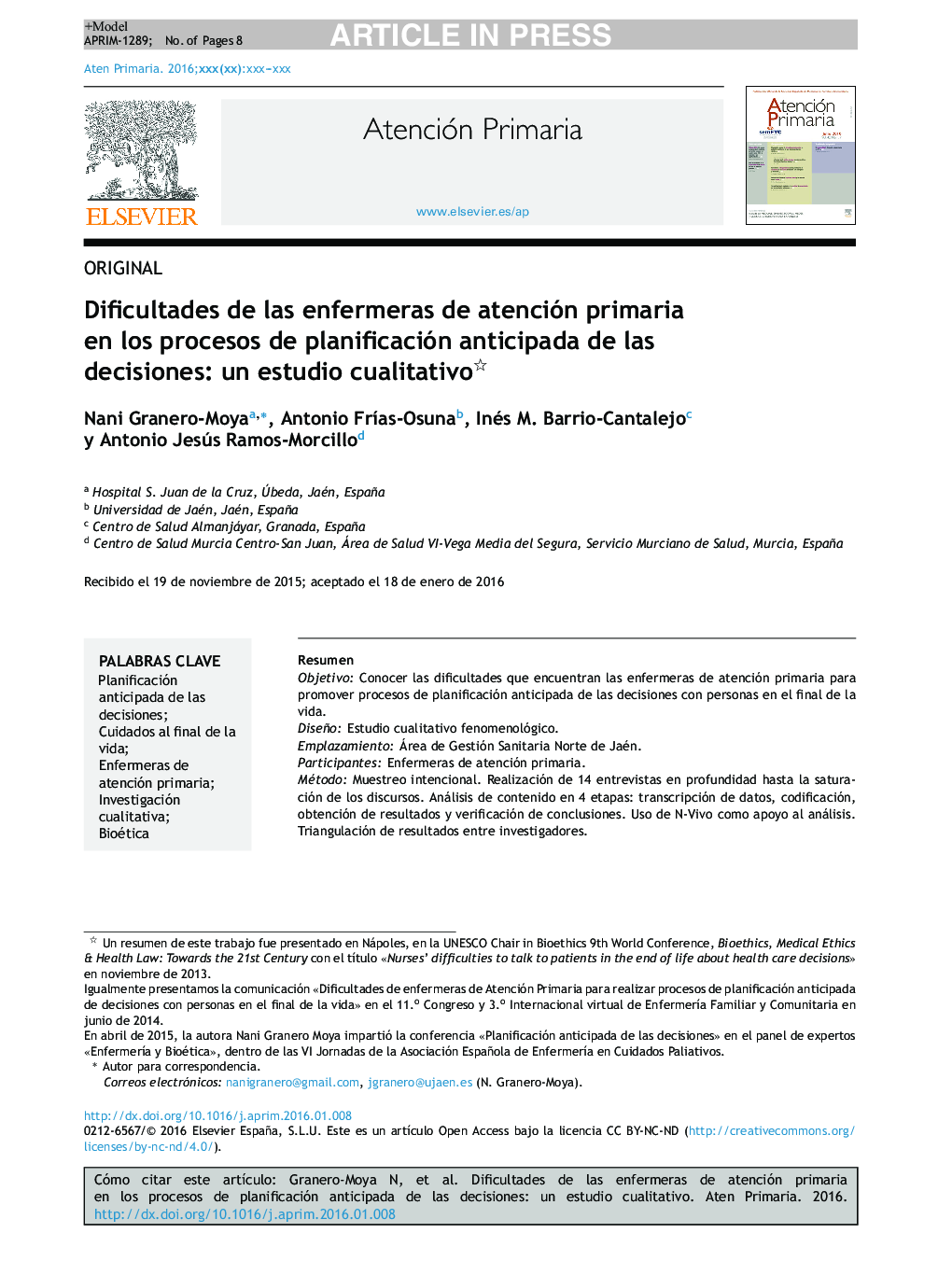 Dificultades de las enfermeras de atención primaria en los procesos de planificación anticipada de las decisiones: un estudio cualitativo