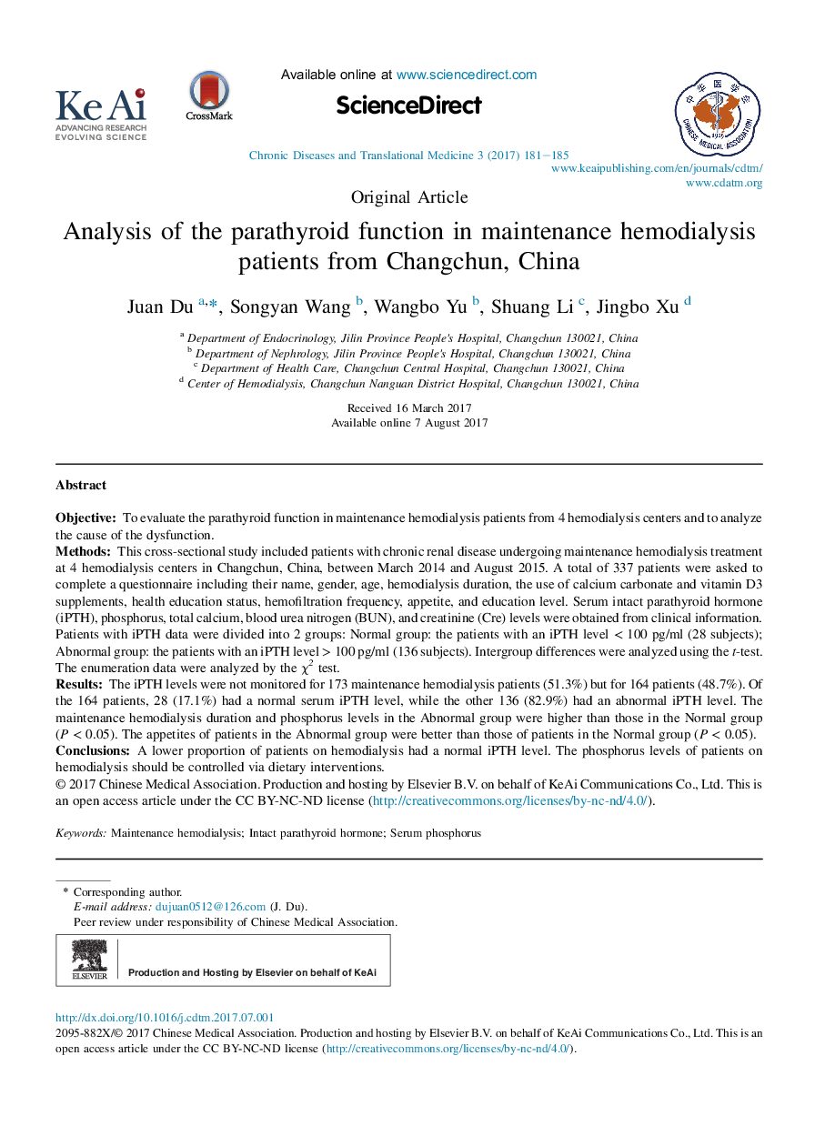 تجزیه و تحلیل عملکرد پاراتیروئید در بیماران همودیالیز تعمیر و نگهداری از Changchun، چین