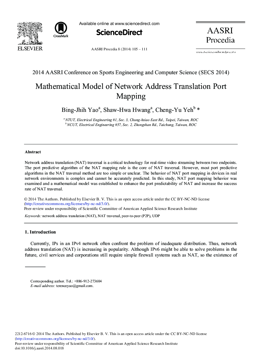 عکس صفحه اول مقاله: Mathematical Model of Network Address Translation Port Mapping Mathematical Model of Network Address Translation Port Mapping