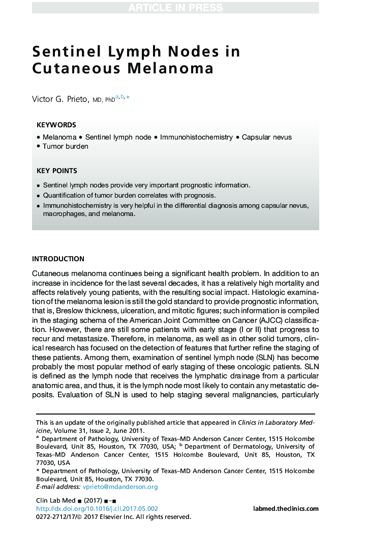 Sentinel Lymph Nodes in Cutaneous Melanoma