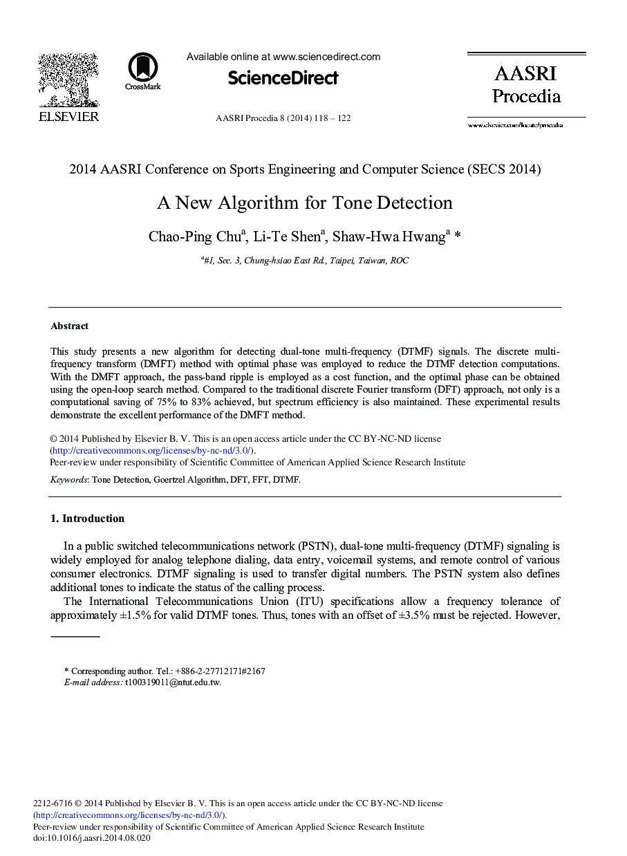 عکس صفحه اول مقاله: A New Algorithm for Tone Detection A New Algorithm for Tone Detection