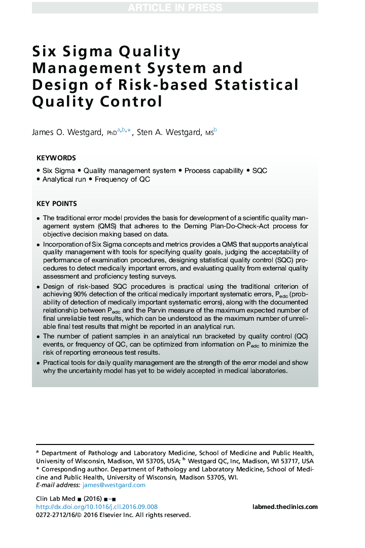 Six Sigma Quality Management System and Design of Risk-based Statistical Quality Control