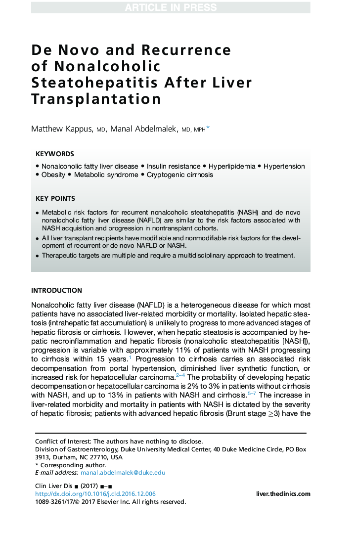 De Novo and Recurrence of Nonalcoholic Steatohepatitis After Liver Transplantation