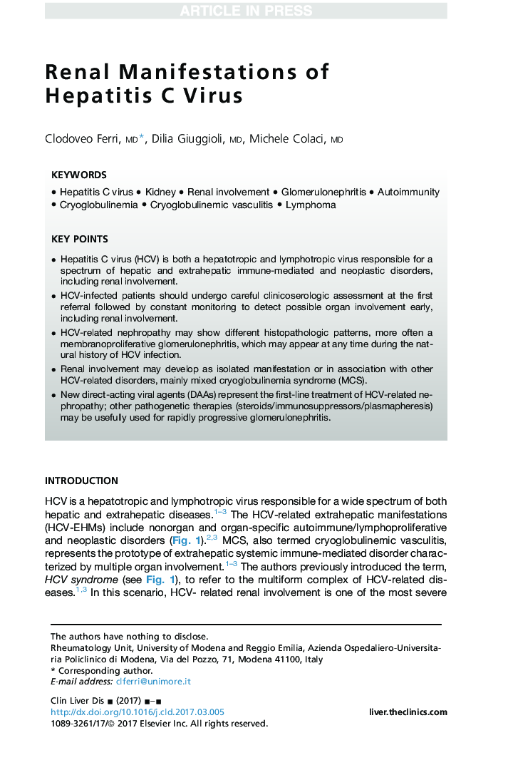 Renal Manifestations of Hepatitis C Virus