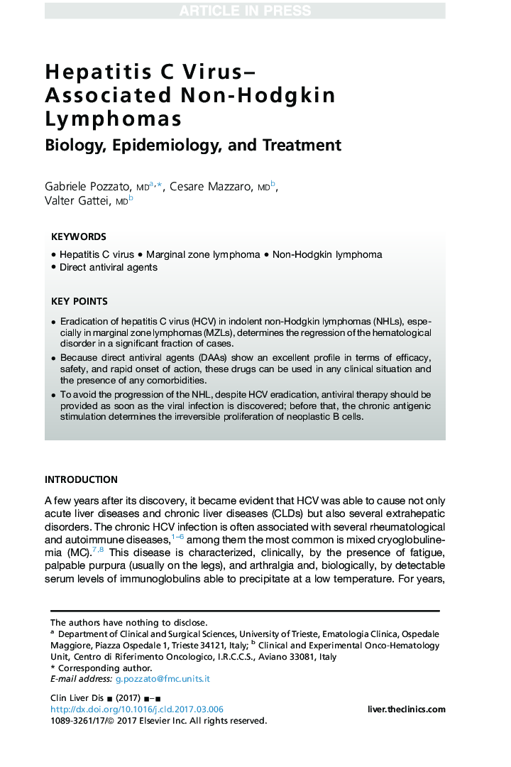 Hepatitis C Virus-Associated Non-Hodgkin Lymphomas