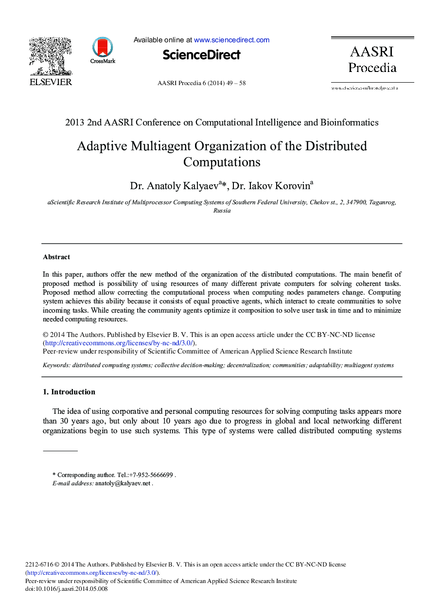 عکس صفحه اول مقاله: Adaptive Multiagent Organization of the Distributed Computations Adaptive Multiagent Organization of the Distributed Computations