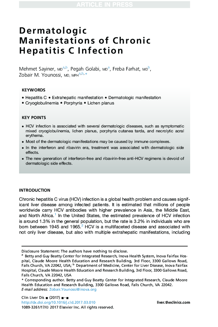 Dermatologic Manifestations of Chronic Hepatitis C Infection