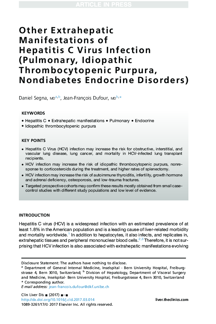Other Extrahepatic Manifestations of Hepatitis C Virus Infection (Pulmonary, Idiopathic Thrombocytopenic Purpura, Nondiabetes Endocrine Disorders)