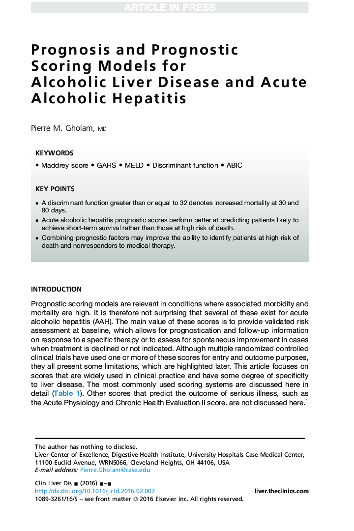 Prognosis and Prognostic Scoring Models for Alcoholic Liver Disease and Acute Alcoholic Hepatitis