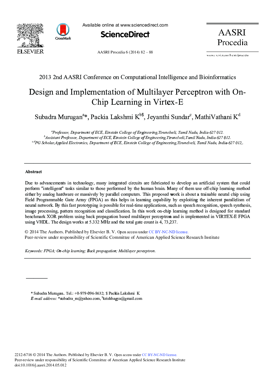 عکس صفحه اول مقاله: Design and Implementation of Multilayer Perceptron with On-chip Learning in Virtex-E Design and Implementation of Multilayer Perceptron with On-chip Learning in Virtex-E