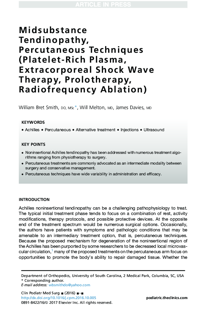 Midsubstance Tendinopathy, Percutaneous Techniques (Platelet-Rich Plasma, Extracorporeal Shock Wave Therapy, Prolotherapy, Radiofrequency Ablation)