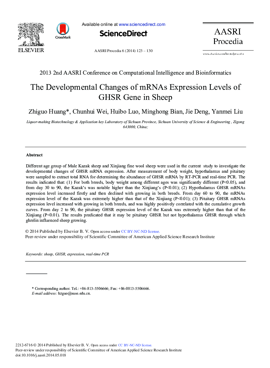 عکس صفحه اول مقاله: The Developmental Changes of mRNAs Expression Levels of GHSR Gene in Sheep The Developmental Changes of mRNAs Expression Levels of GHSR Gene in Sheep