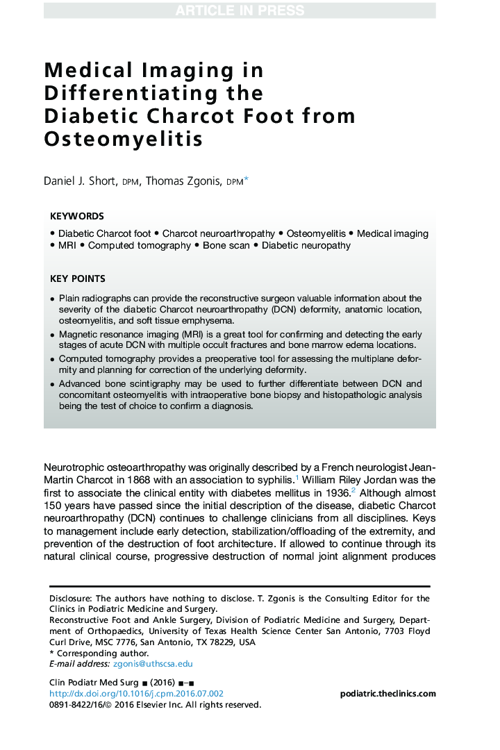 Medical Imaging in Differentiating the Diabetic Charcot Foot from Osteomyelitis