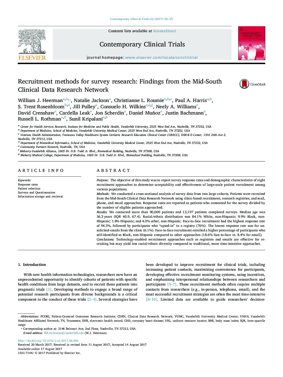 Recruitment methods for survey research: Findings from the Mid-South Clinical Data Research Network