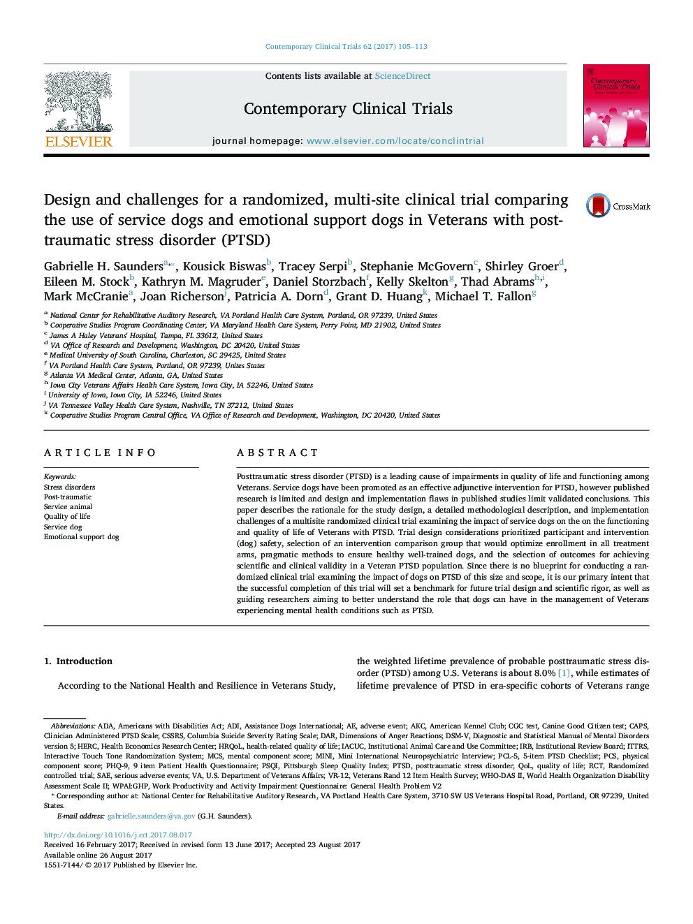 Design and challenges for a randomized, multi-site clinical trial comparing the use of service dogs and emotional support dogs in Veterans with post-traumatic stress disorder (PTSD)