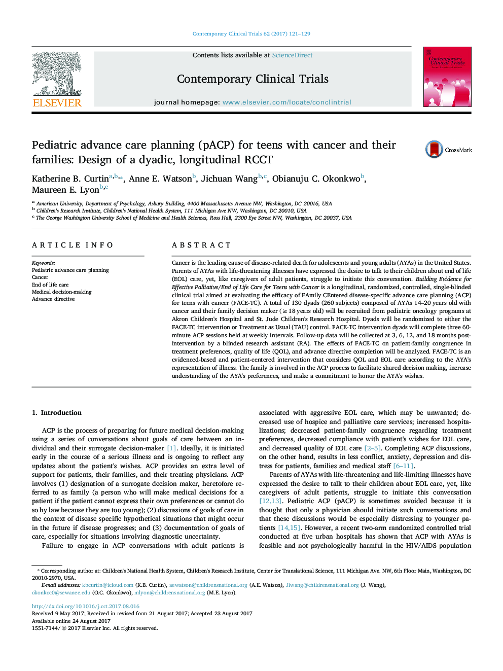 Pediatric advance care planning (pACP) for teens with cancer and their families: Design of a dyadic, longitudinal RCCT