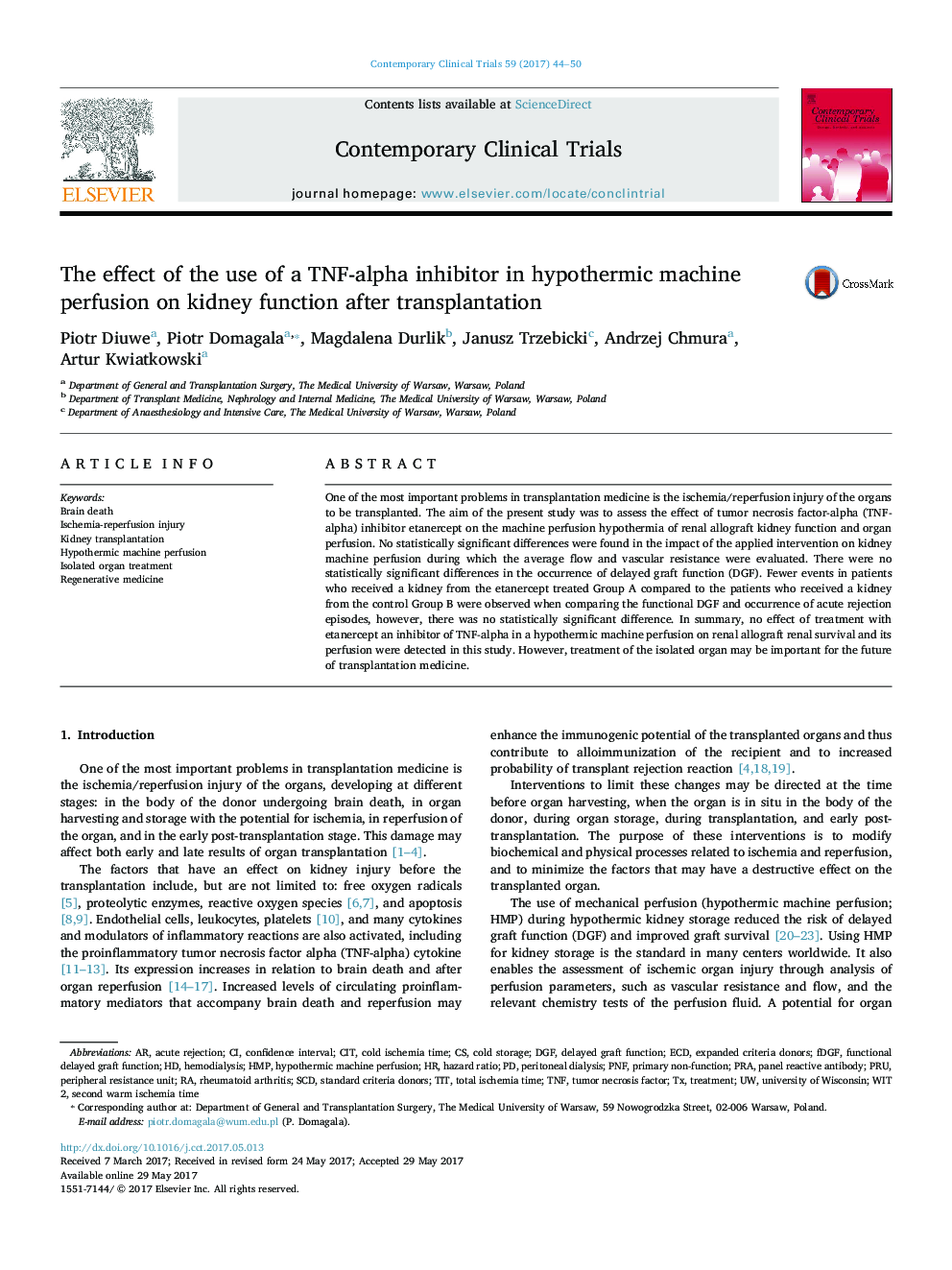 The effect of the use of a TNF-alpha inhibitor in hypothermic machine perfusion on kidney function after transplantation