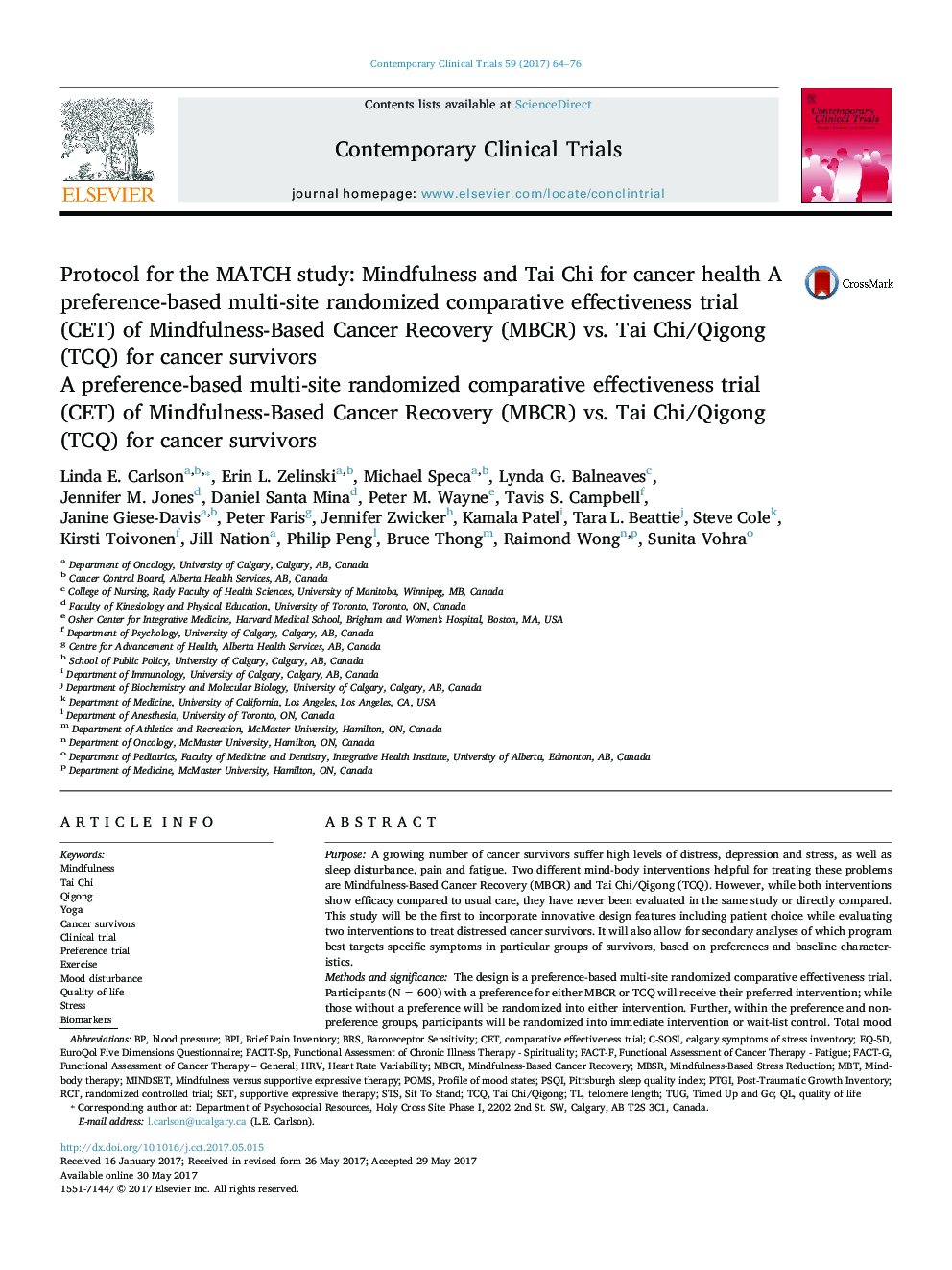 Protocol for the MATCH study (Mindfulness and Tai Chi for cancer health): A preference-based multi-site randomized comparative effectiveness trial (CET) of Mindfulness-Based Cancer Recovery (MBCR) vs. Tai Chi/Qigong (TCQ) for cancer survivors