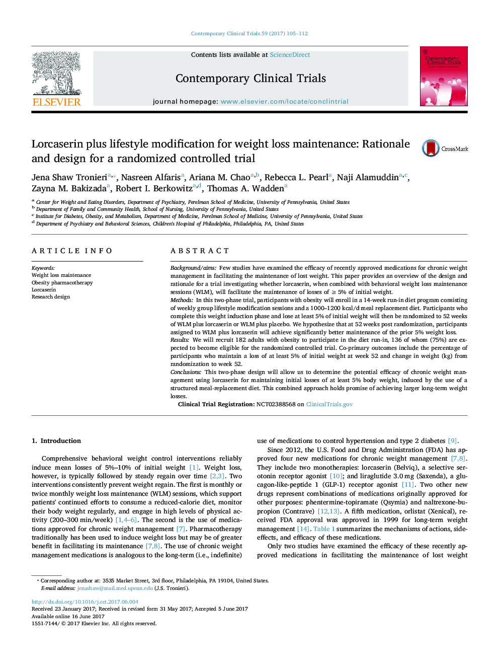 Lorcaserin plus lifestyle modification for weight loss maintenance: Rationale and design for a randomized controlled trial