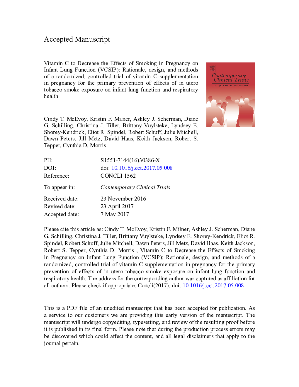 Vitamin C to Decrease the Effects of Smoking in Pregnancy on Infant Lung Function (VCSIP): Rationale, design, and methods of a randomized, controlled trial of vitamin C supplementation in pregnancy for the primary prevention of effects of in utero tobacco