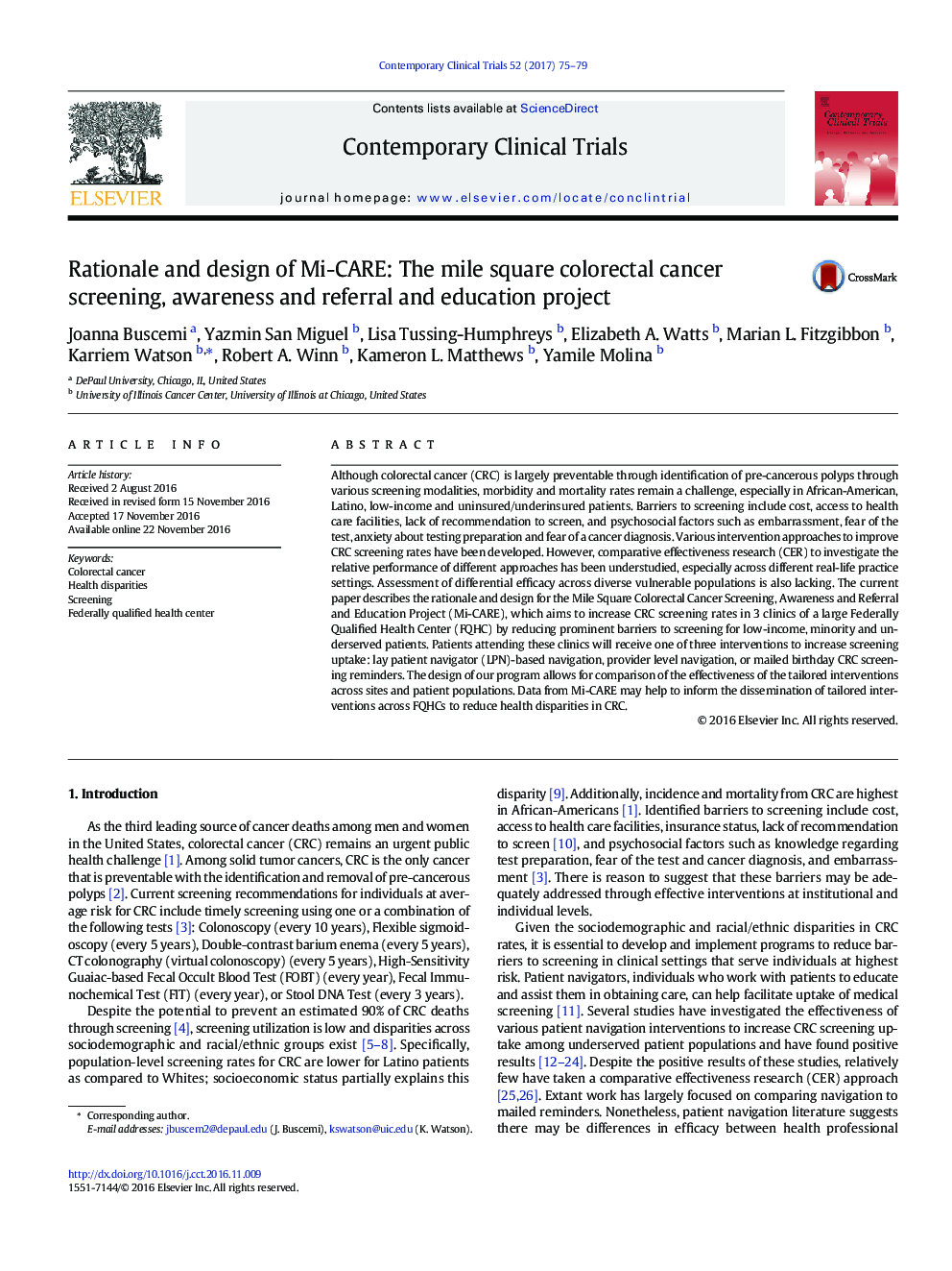 Rationale and design of Mi-CARE: The mile square colorectal cancer screening, awareness and referral and education project