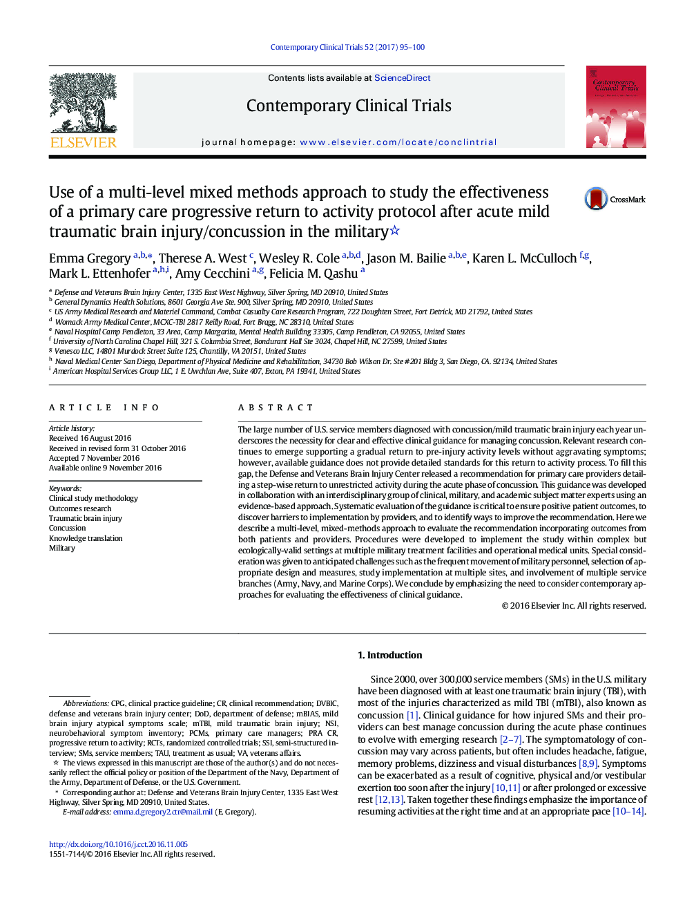 Use of a multi-level mixed methods approach to study the effectiveness of a primary care progressive return to activity protocol after acute mild traumatic brain injury/concussion in the military