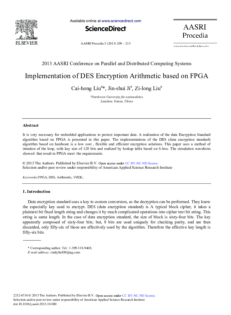 Implementation of DES Encryption Arithmetic based on FPGA 