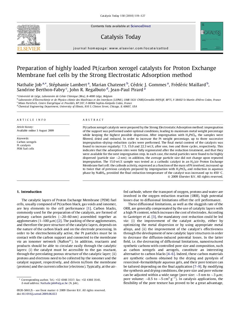 Preparation of highly loaded Pt/carbon xerogel catalysts for Proton Exchange Membrane fuel cells by the Strong Electrostatic Adsorption method