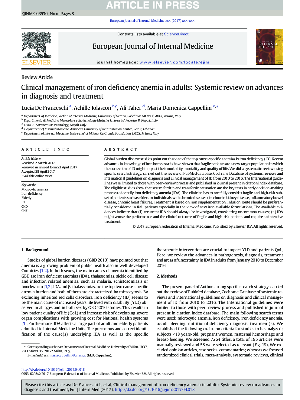 Clinical management of iron deficiency anemia in adults: Systemic review on advances in diagnosis and treatment