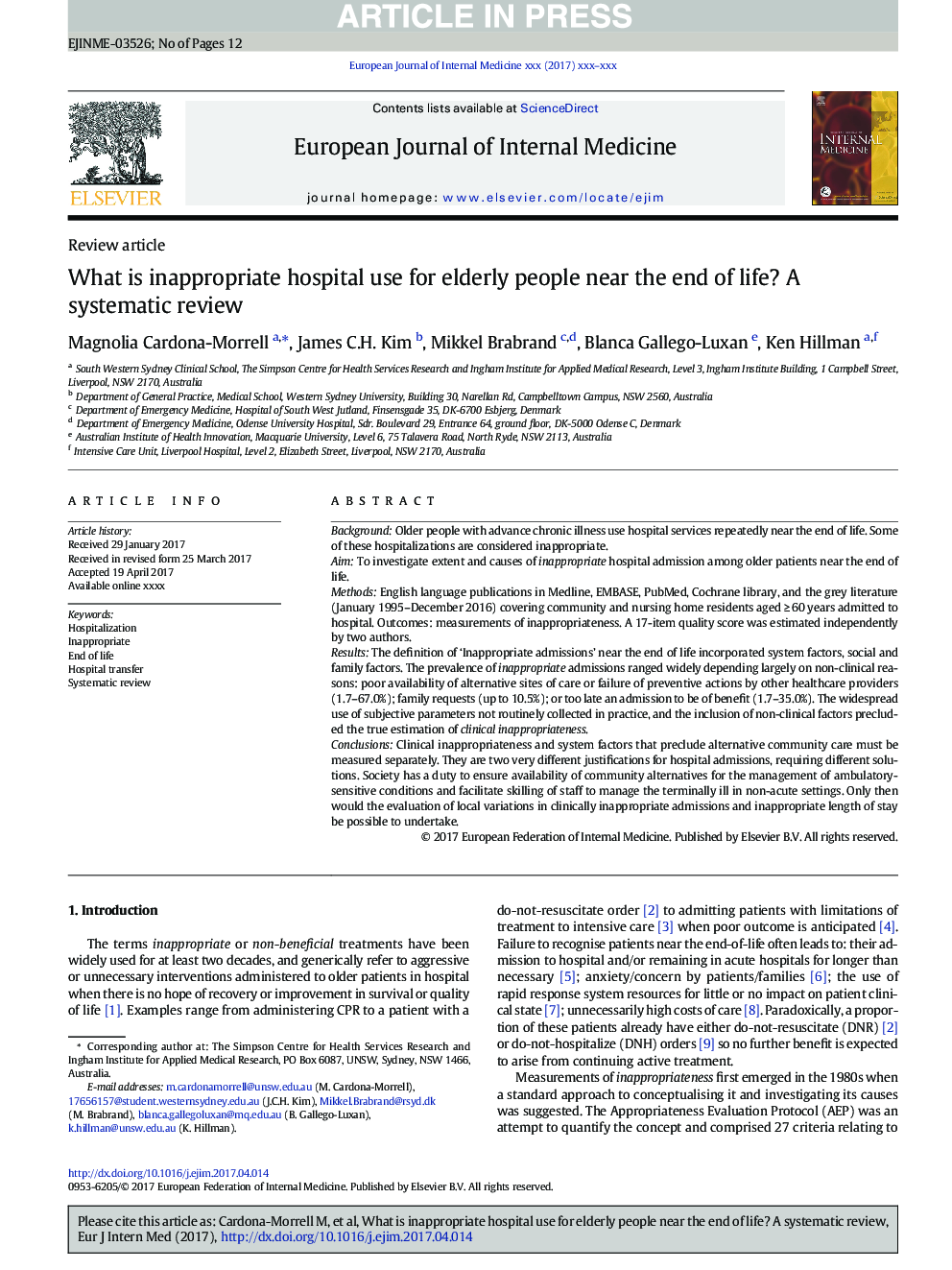 What is inappropriate hospital use for elderly people near the end of life? A systematic review