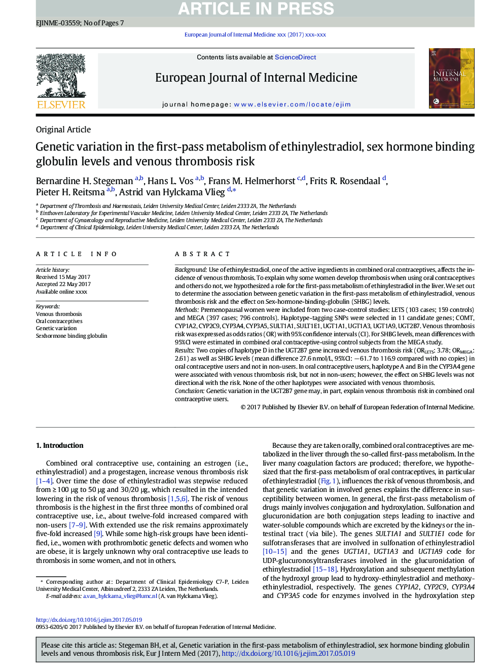تنوع ژنتیکی در متابولیسم اولیه اتینیل استرادیول، سطح هورمون متصل به گلوبولین و خطر ترومبوز وریدی 