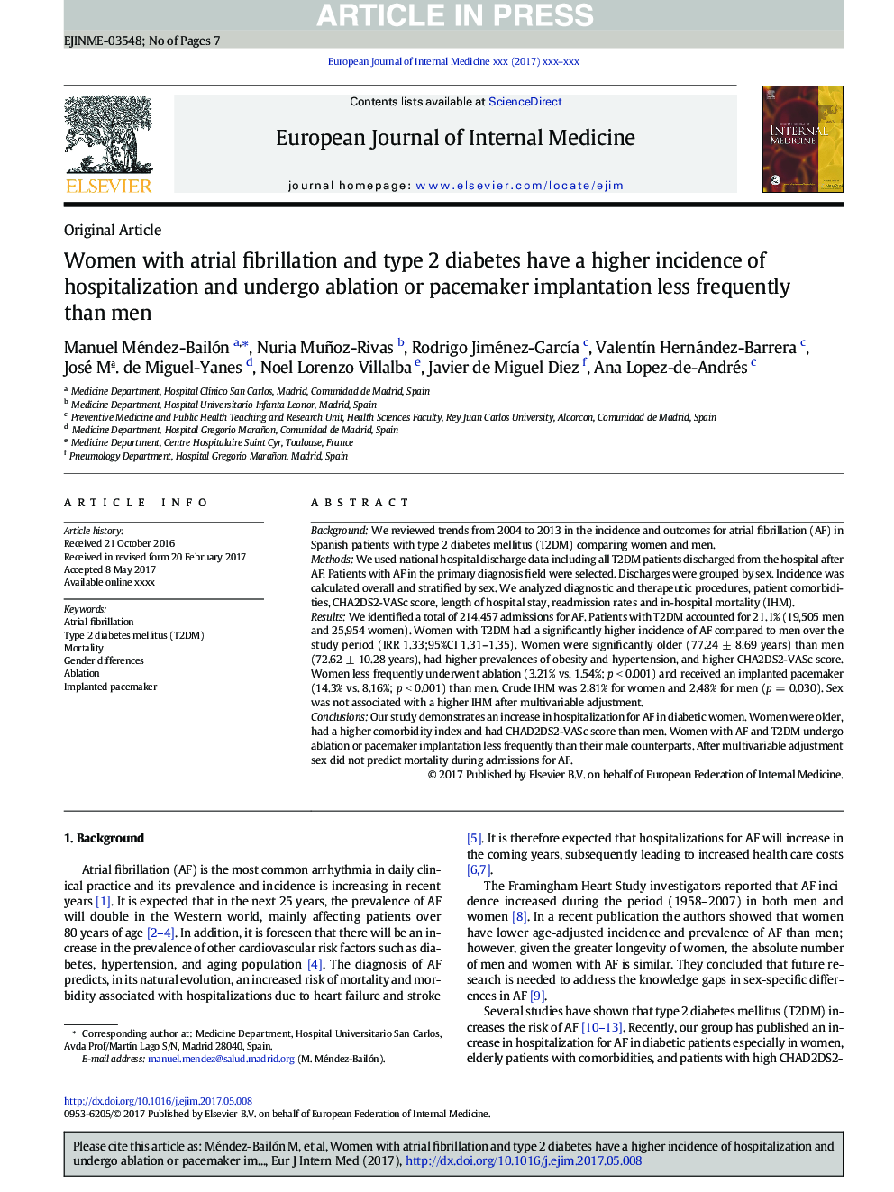 Women with atrial fibrillation and type 2 diabetes have a higher incidence of hospitalization and undergo ablation or pacemaker implantation less frequently than men