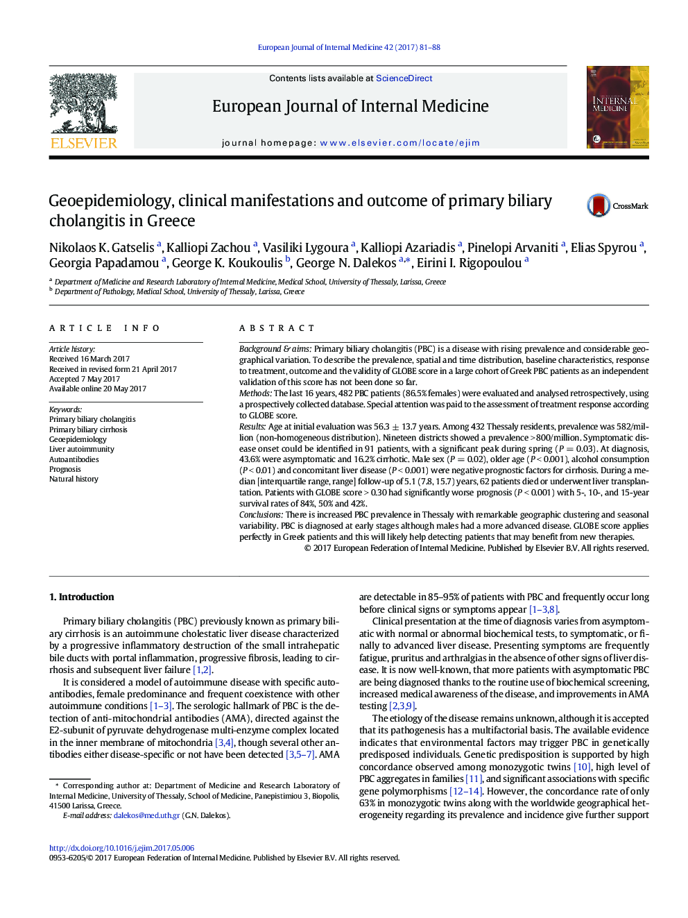 Geoepidemiology, clinical manifestations and outcome of primary biliary cholangitis in Greece