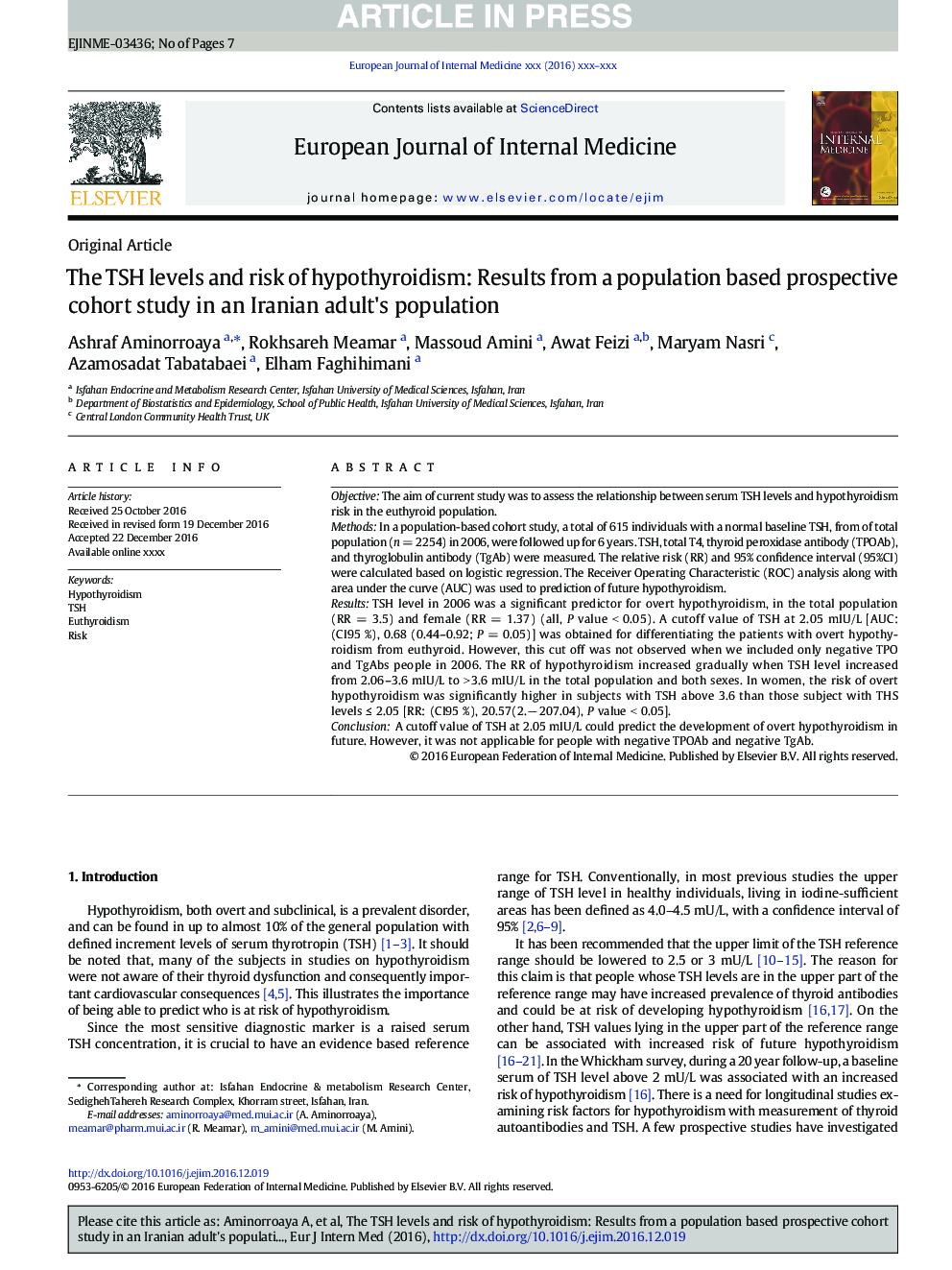 The TSH levels and risk of hypothyroidism: Results from a population based prospective cohort study in an Iranian adult's population