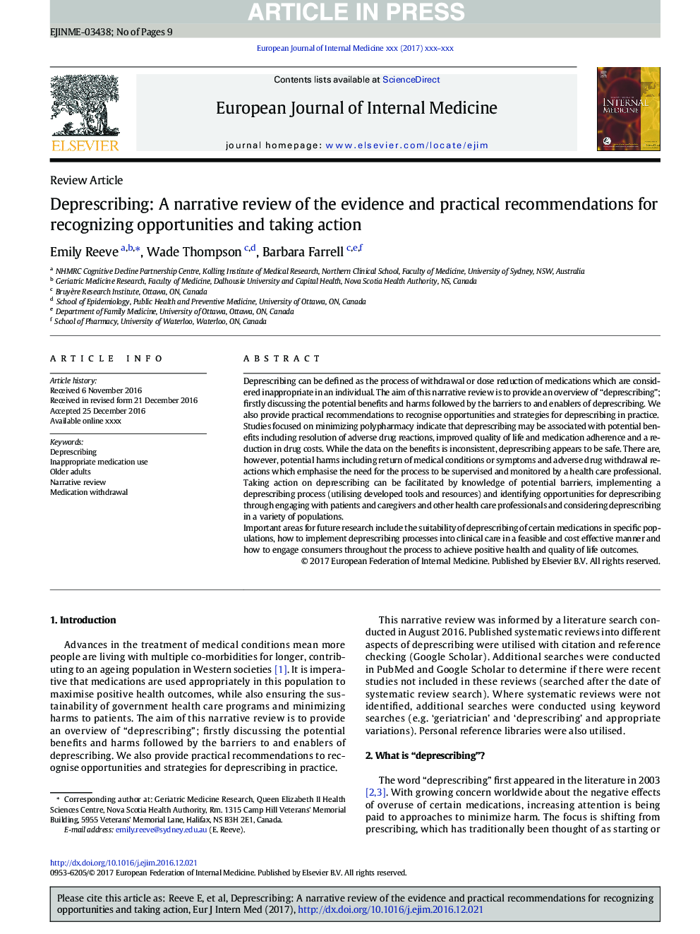 Deprescribing: A narrative review of the evidence and practical recommendations for recognizing opportunities and taking action