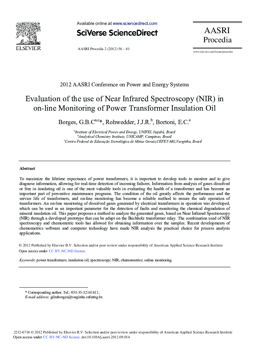 عکس صفحه اول مقاله: Evaluation of the use of Near Infrared Spectroscopy (NIR) in on-line Monitoring of Power Transformer Insulation Oil Evaluation of the use of Near Infrared Spectroscopy (NIR) in on-line Monitoring of Power Transformer Insulation Oil