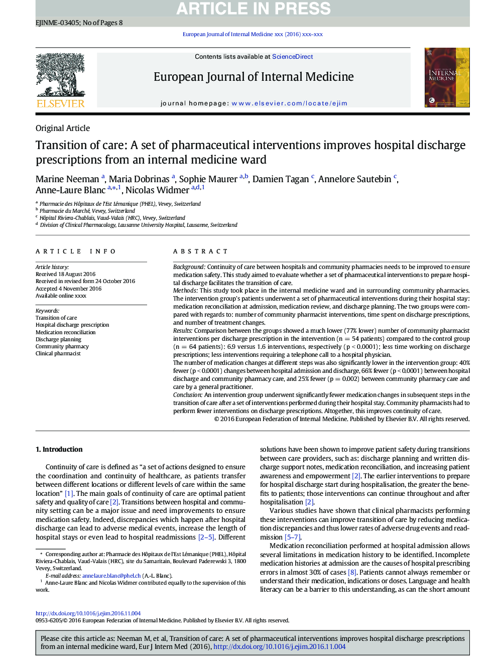 Transition of care: A set of pharmaceutical interventions improves hospital discharge prescriptions from an internal medicine ward