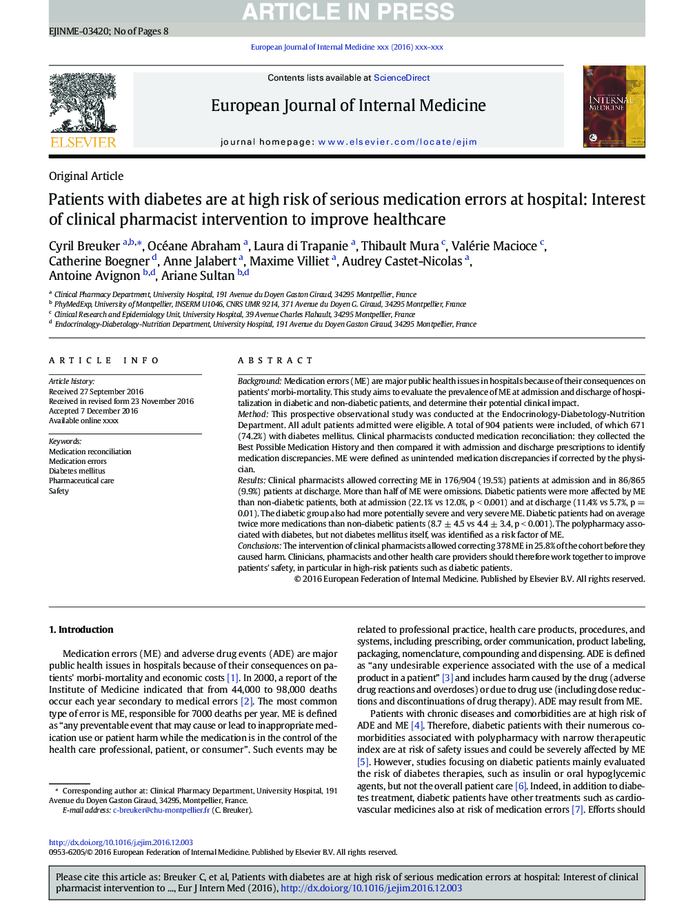 Patients with diabetes are at high risk of serious medication errors at hospital: Interest of clinical pharmacist intervention to improve healthcare