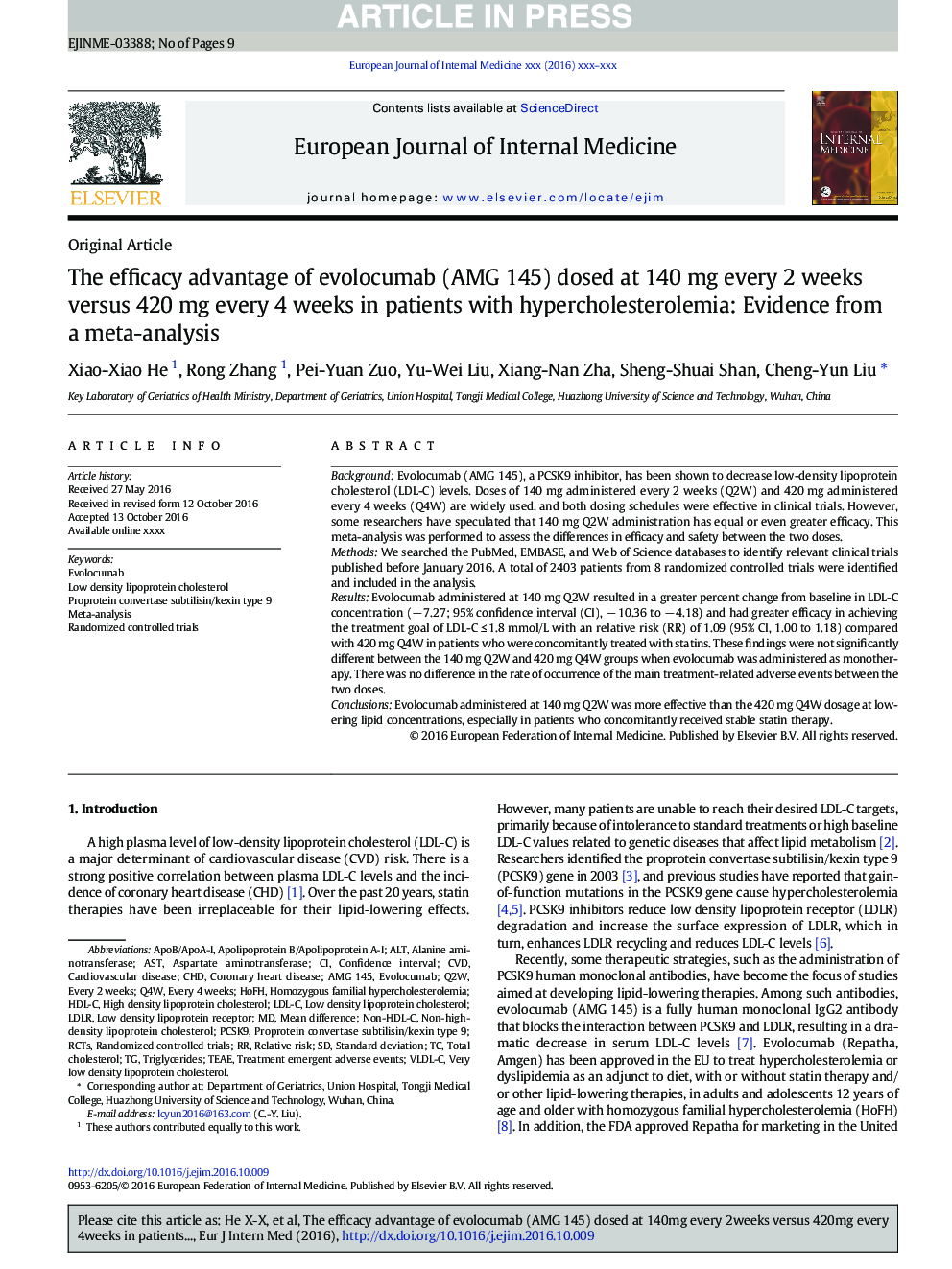 The efficacy advantage of evolocumab (AMG 145) dosed at 140Â mg every 2Â weeks versus 420Â mg every 4Â weeks in patients with hypercholesterolemia: Evidence from a meta-analysis