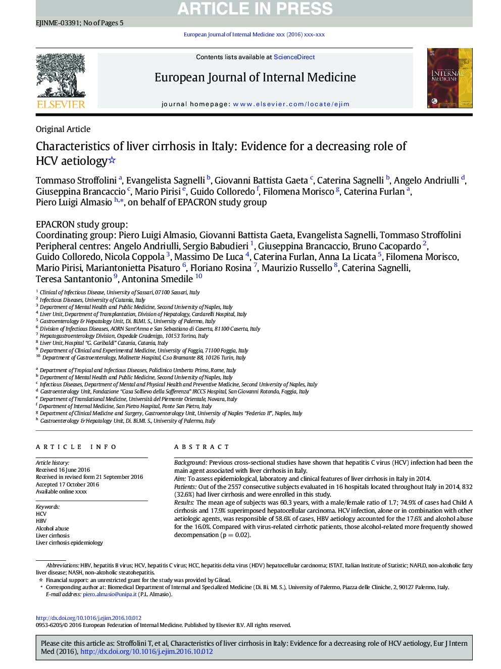 Characteristics of liver cirrhosis in Italy: Evidence for a decreasing role of HCV aetiology