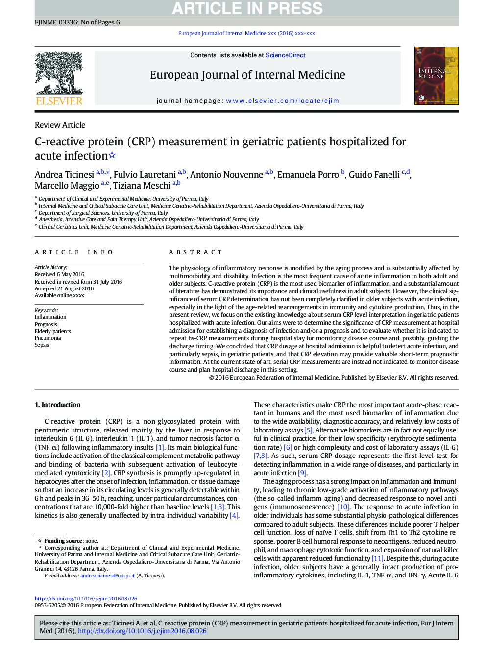 C-reactive protein (CRP) measurement in geriatric patients hospitalized for acute infection