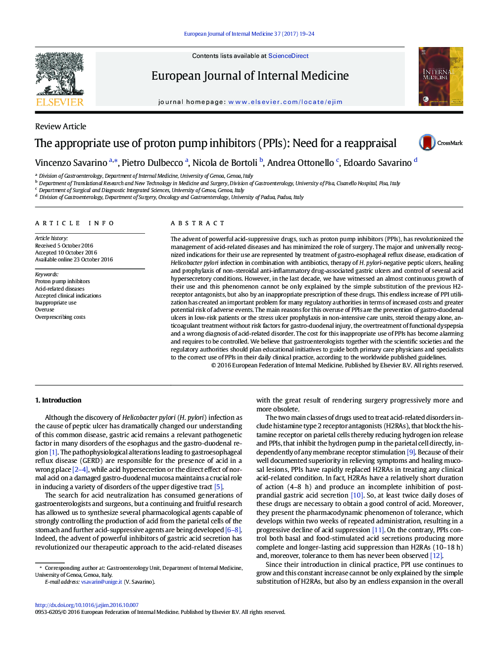 The appropriate use of proton pump inhibitors (PPIs): Need for a reappraisal