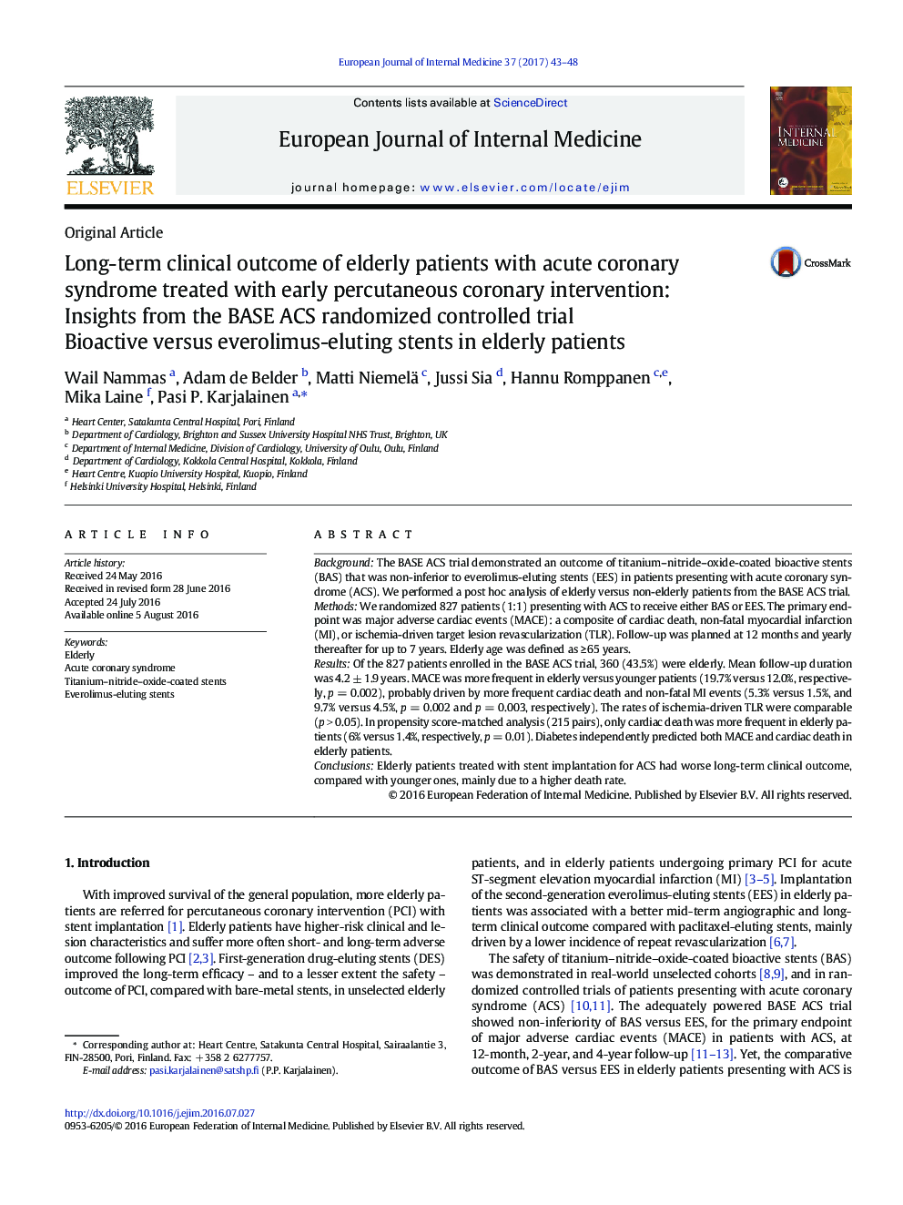 Long-term clinical outcome of elderly patients with acute coronary syndrome treated with early percutaneous coronary intervention: Insights from the BASE ACS randomized controlled trial: Bioactive versus everolimus-eluting stents in elderly patients