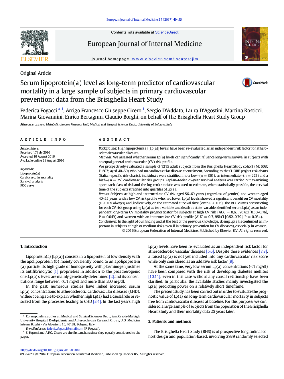 Serum lipoprotein(a) level as long-term predictor of cardiovascular mortality in a large sample of subjects in primary cardiovascular prevention: data from the Brisighella Heart Study