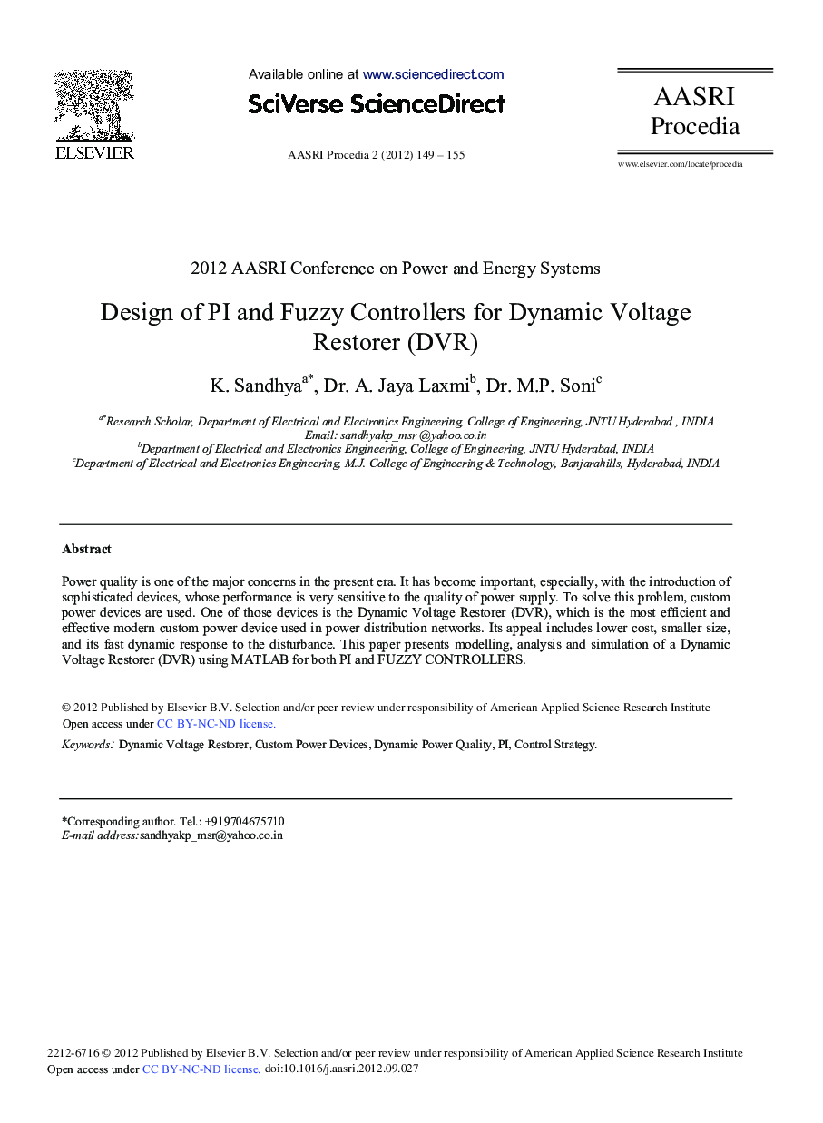 عکس صفحه اول مقاله: Design of PI and Fuzzy Controllers for Dynamic Voltage Restorer (DVR) Design of PI and Fuzzy Controllers for Dynamic Voltage Restorer (DVR)