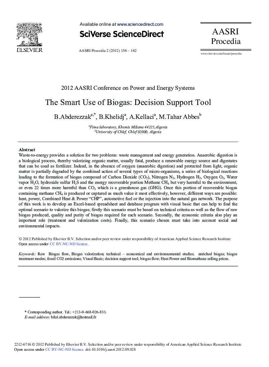 عکس صفحه اول مقاله: The Smart Use of Biogas: Decision Support Tool The Smart Use of Biogas: Decision Support Tool
