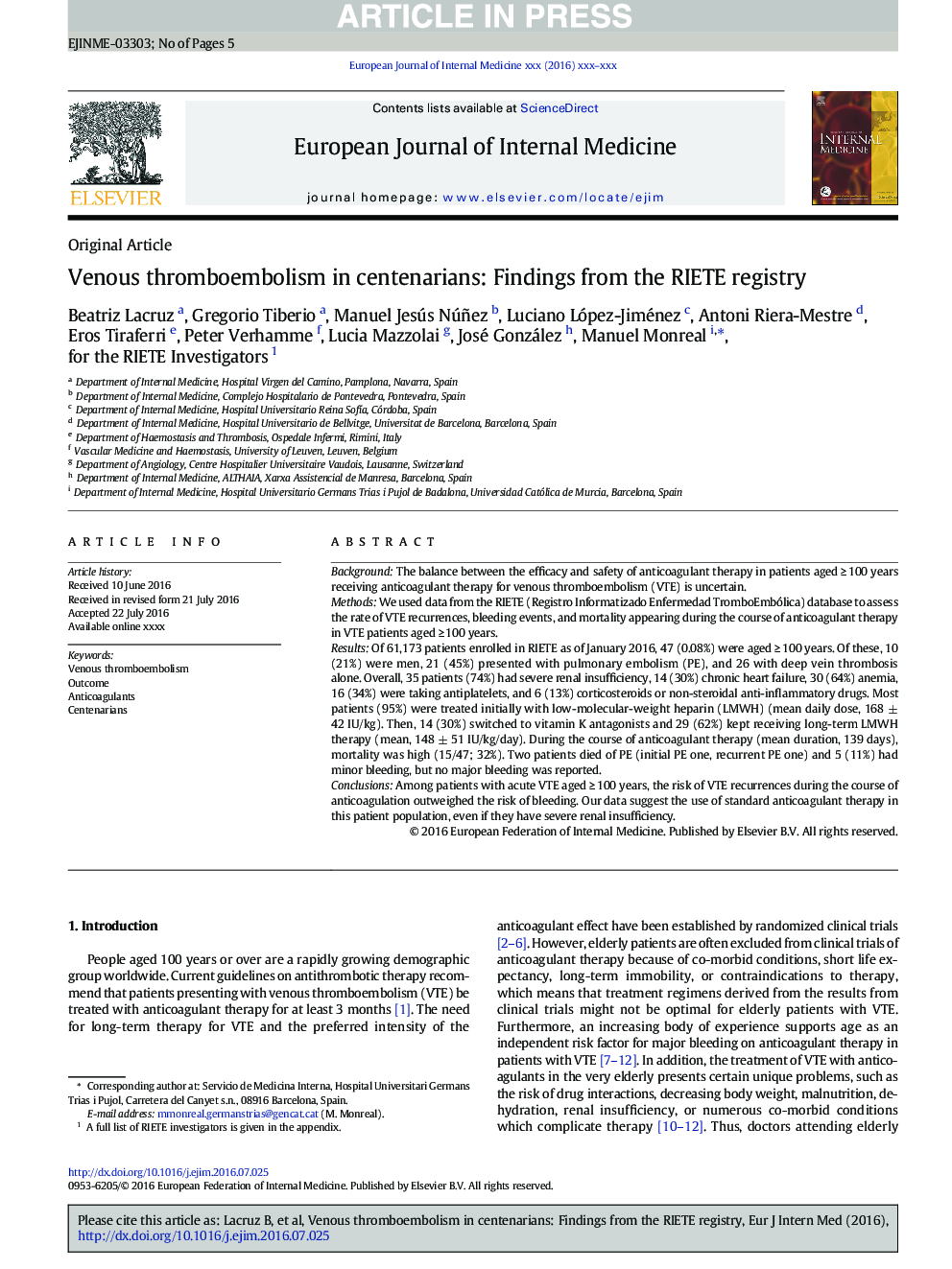 Venous thromboembolism in centenarians: Findings from the RIETE registry