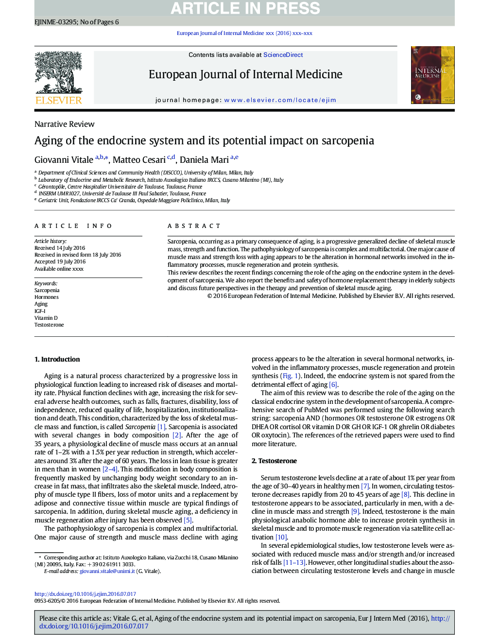 Aging of the endocrine system and its potential impact on sarcopenia