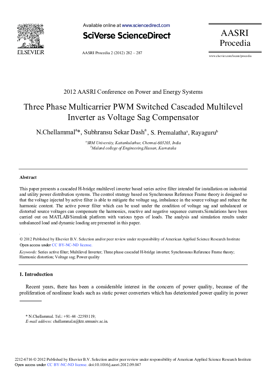 عکس صفحه اول مقاله: Three Phase Multicarrier PWM Switched Cascaded Multilevel Inverter as Voltage Sag Compensator Three Phase Multicarrier PWM Switched Cascaded Multilevel Inverter as Voltage Sag Compensator